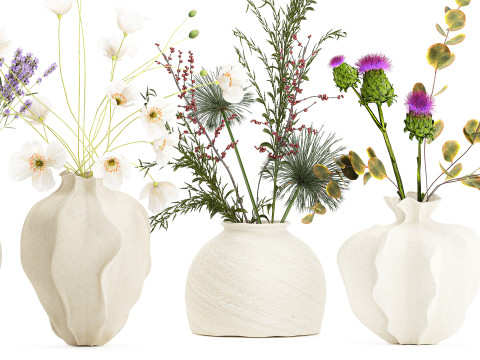 Collection small bouquets poppy lavender flowers vase set 3D Model