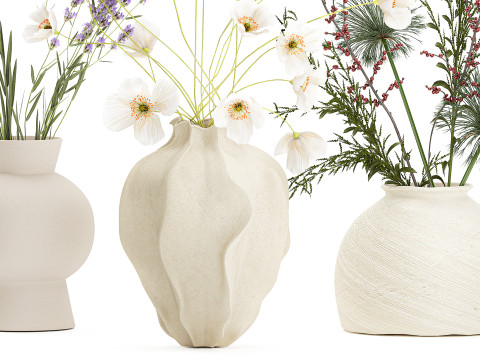 Collection small bouquets poppy lavender flowers vase set 3D Model