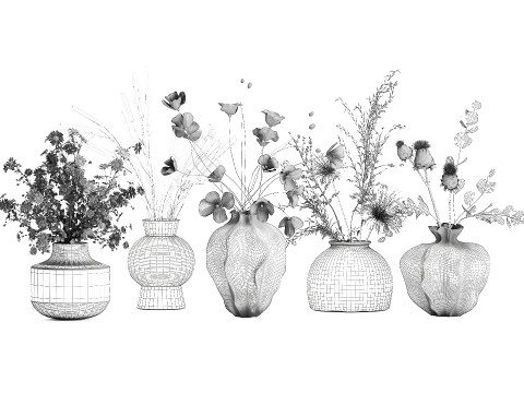 Collection small bouquets poppy lavender flowers vase set 3D Model