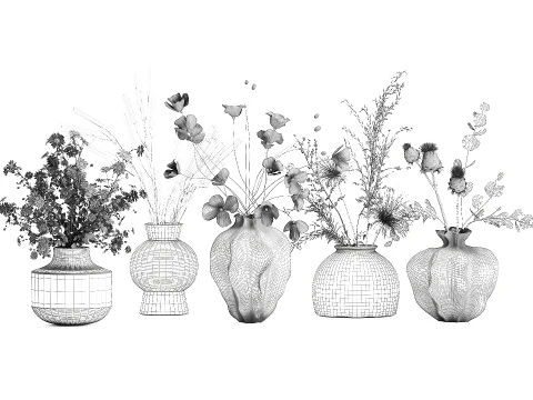 Collection small bouquets poppy lavender flowers vase set 3D Model
