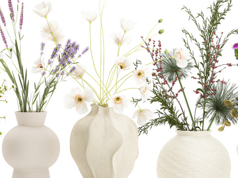 Collection small bouquets poppy lavender flowers vase set 3D Model
