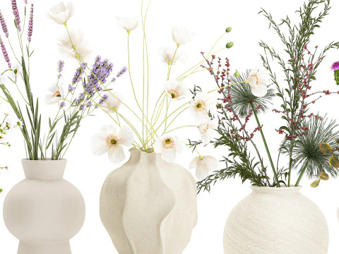 Collection small bouquets poppy lavender flowers vase set 3D Model