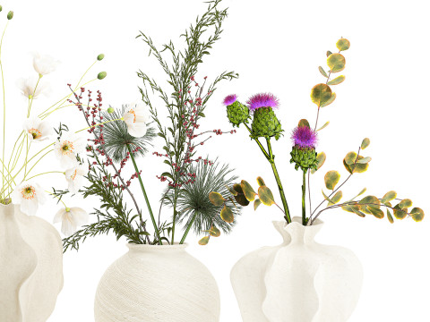 Collection small bouquets poppy lavender flowers vase set 3D Model