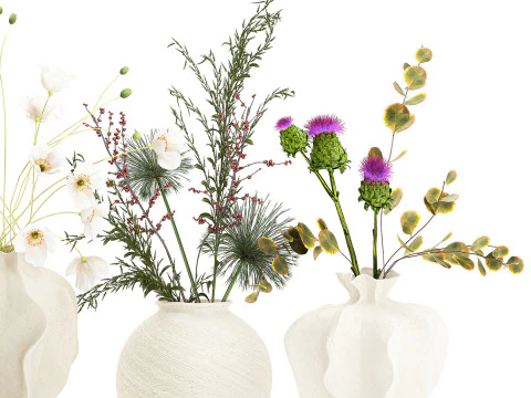 Collection small bouquets poppy lavender flowers vase set 3D Model