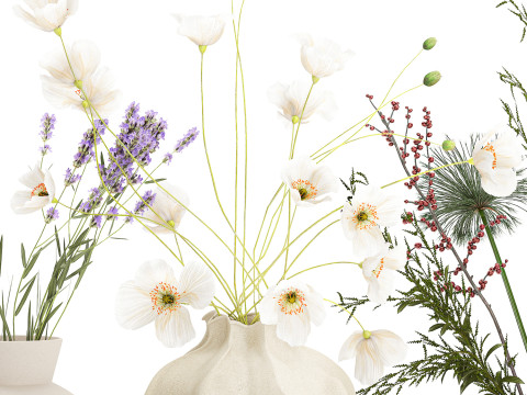 Collection small bouquets poppy lavender flowers vase set 3D Model