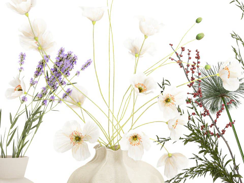 Collection small bouquets poppy lavender flowers vase set 3D Model