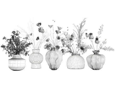 Collection small bouquets poppy lavender flowers vase set 3D Model