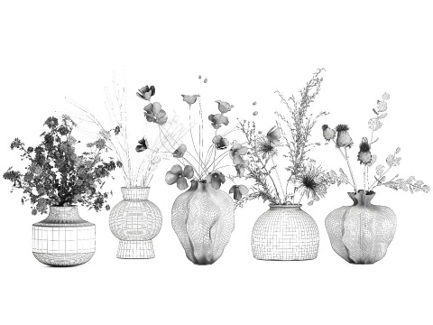 Collection small bouquets poppy lavender flowers vase set 3D Model