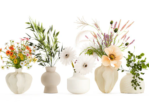 Kolekcja małych bukiet&oacute;w maku, rumianku, lawendy Model 3D