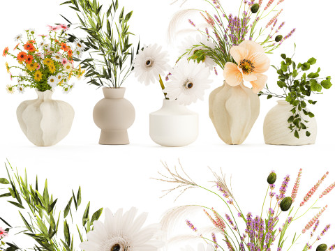 Коллекция небольших букетов мака, ромашки, лаванды. 3D Модель