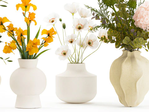 Collezione piccoli mazzi di fiori di papavero oliva Iris set vaso Modello 3D