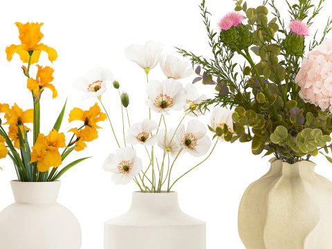 Collezione piccoli mazzi di fiori di papavero oliva Iris set vaso Modello 3D
