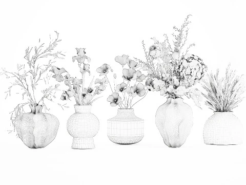 Collezione piccoli mazzi di fiori di papavero oliva Iris set vaso Modello 3D