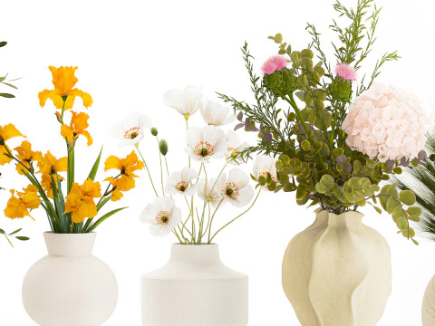 Collezione piccoli mazzi di fiori di papavero oliva Iris set vaso Modello 3D
