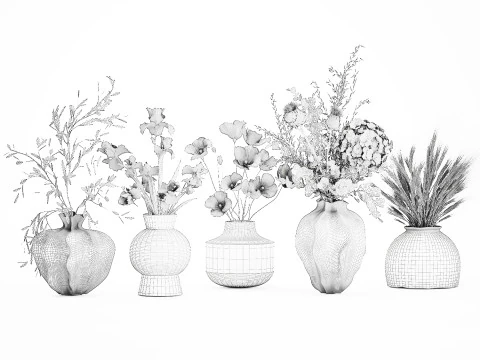 Collezione piccoli mazzi di fiori di papavero oliva Iris set vaso Modello 3D