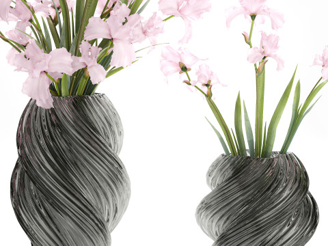 सुंदर यथार्थवादी गुलदस्ता गुलाबी फूल आईरिस फूलदान सजावट 3D मॉडल