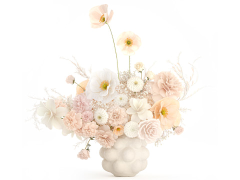 Magnifique bouquet de roses blanches, pivoines, fleurs de pavot, d&eacute;cor Modèle 3D