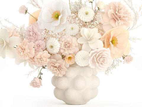 Beautiful bouquet white roses peony poppy flowers decor 3D Model