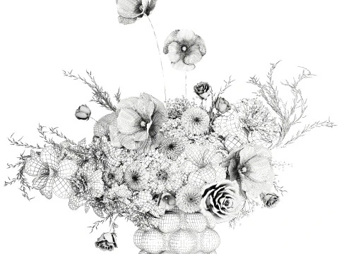 Beautiful bouquet white roses peony poppy flowers decor 3D Model