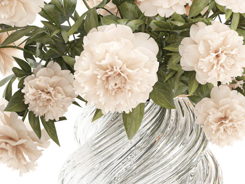 Delicato bouquet formale in vaso di vetro con decorazioni di fiori di peonia Modello 3D
