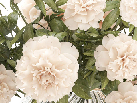 Delicato bouquet formale in vaso di vetro con decorazioni di fiori di peonia Modello 3D