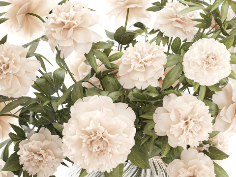 Delicato bouquet formale in vaso di vetro con decorazioni di fiori di peonia Modello 3D