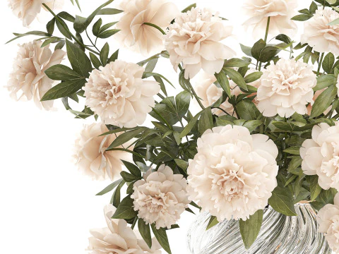Delicato bouquet formale in vaso di vetro con decorazioni di fiori di peonia Modello 3D
