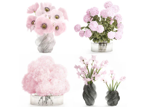 현실적인 핑크 부케 5개 꽃병 장식 컬렉션 3D 모델