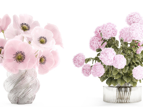 Cole&ccedil;&atilde;o de buqu&ecirc;s rosa realistas com decora&ccedil;&atilde;o de vaso de 5 flores Modelo 3D