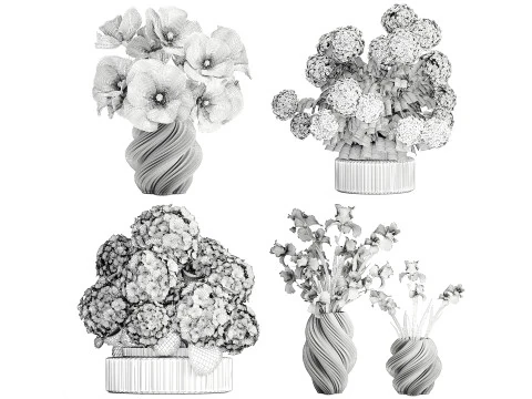 Collection realistic pink bouquets 5 flowers vase decor 3D Model