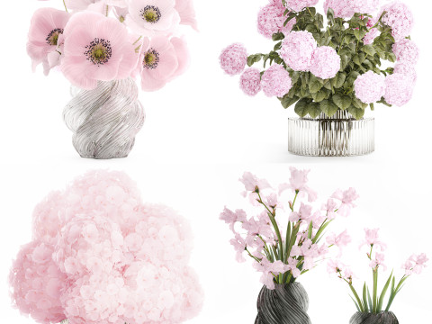 Cole&ccedil;&atilde;o de buqu&ecirc;s rosa realistas com decora&ccedil;&atilde;o de vaso de 5 flores Modelo 3D