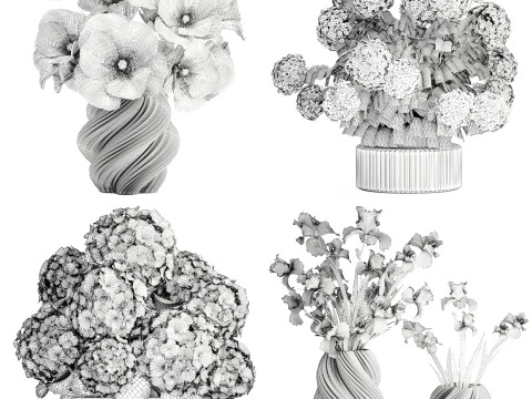 Collection realistic pink bouquets 5 flowers vase decor 3D Model