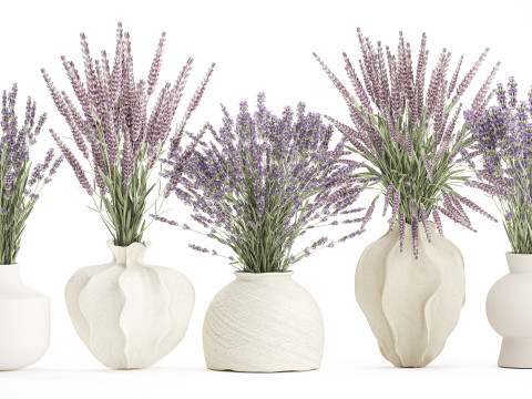 Cole&ccedil;&atilde;o de buqu&ecirc;s realistas com 5 flores de lavanda e decora&ccedil;&atilde;o de vaso Modelo 3D