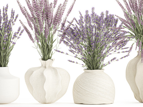 Cole&ccedil;&atilde;o de buqu&ecirc;s realistas com 5 flores de lavanda e decora&ccedil;&atilde;o de vaso Modelo 3D