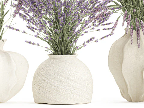 Collection realistic bouquets 5 lavender flowers vase decor 3D Model