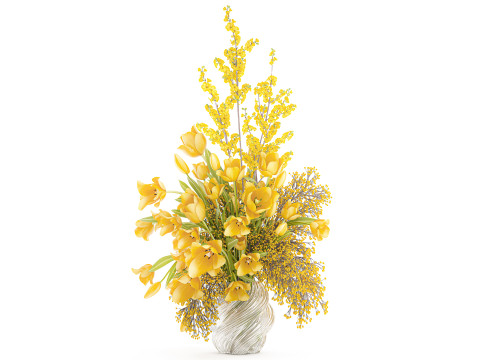 Букет желтые цветы тюльпаны мимоза форзиция ваза декор 3D Модель