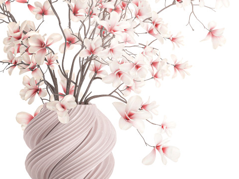 Bouquet di fiori rosa bianchi che sbocciano rami di magnolia decorazione vaso Modello 3D