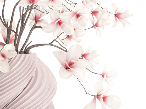 Bouquet di fiori rosa bianchi che sbocciano rami di magnolia decorazione vaso Modello 3D