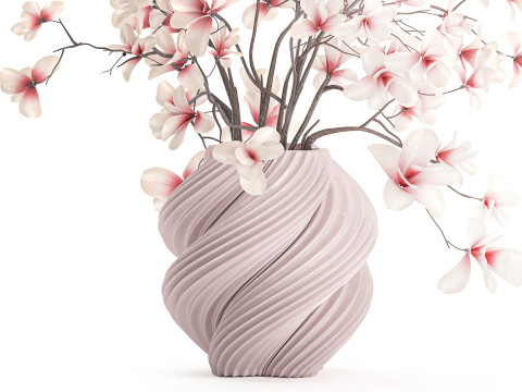 Bouquet di fiori rosa bianchi che sbocciano rami di magnolia decorazione vaso Modello 3D