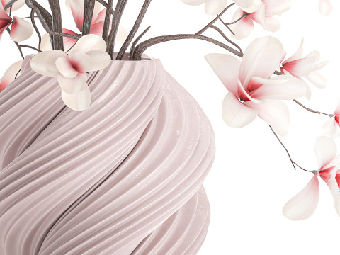 Bouquet di fiori rosa bianchi che sbocciano rami di magnolia decorazione vaso Modello 3D