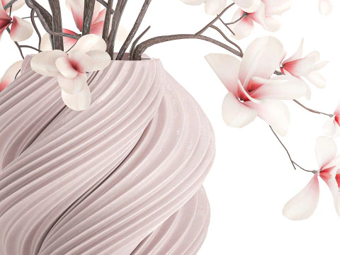 Bouquet white pink flowers blooming magnolia branches vase decor 3D Model