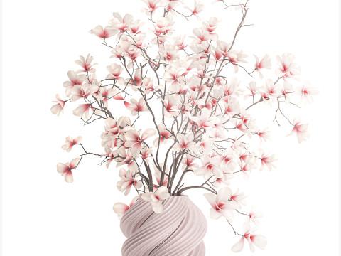 Bouquet di fiori rosa bianchi che sbocciano rami di magnolia decorazione vaso Modello 3D