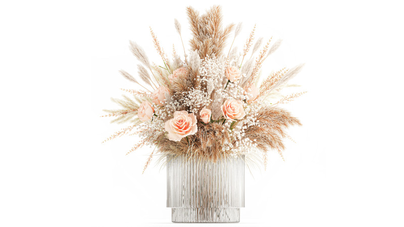 Buquê de flores secas pampas rosa vaso de vidro decoração Modelo 3D .c4d .max .obj .3ds .fbx .stl .blend