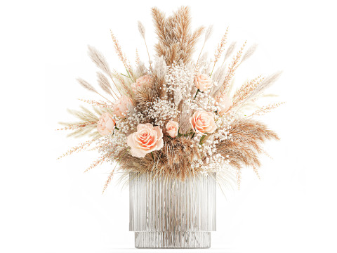 Boeket gedroogde bloemen Pampas Rose glazen vaas decor 3D Model