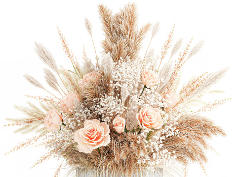 Buqu&ecirc; de flores secas pampas rosa vaso de vidro decora&ccedil;&atilde;o Modelo 3D