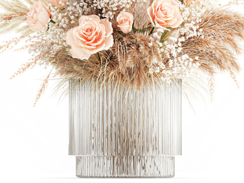 Buqu&ecirc; de flores secas pampas rosa vaso de vidro decora&ccedil;&atilde;o Modelo 3D