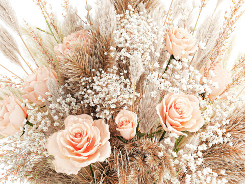 Buqu&ecirc; de flores secas pampas rosa vaso de vidro decora&ccedil;&atilde;o Modelo 3D