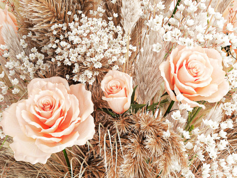 Buqu&ecirc; de flores secas pampas rosa vaso de vidro decora&ccedil;&atilde;o Modelo 3D