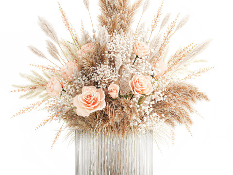 Buqu&ecirc; de flores secas pampas rosa vaso de vidro decora&ccedil;&atilde;o Modelo 3D