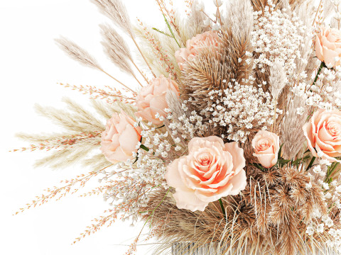 Buqu&ecirc; de flores secas pampas rosa vaso de vidro decora&ccedil;&atilde;o Modelo 3D